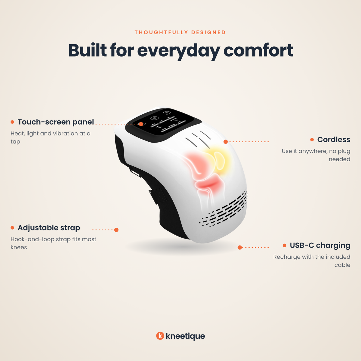 Kneetique features: touch-screen panel, adjustable strap, cordless, USB-C charging