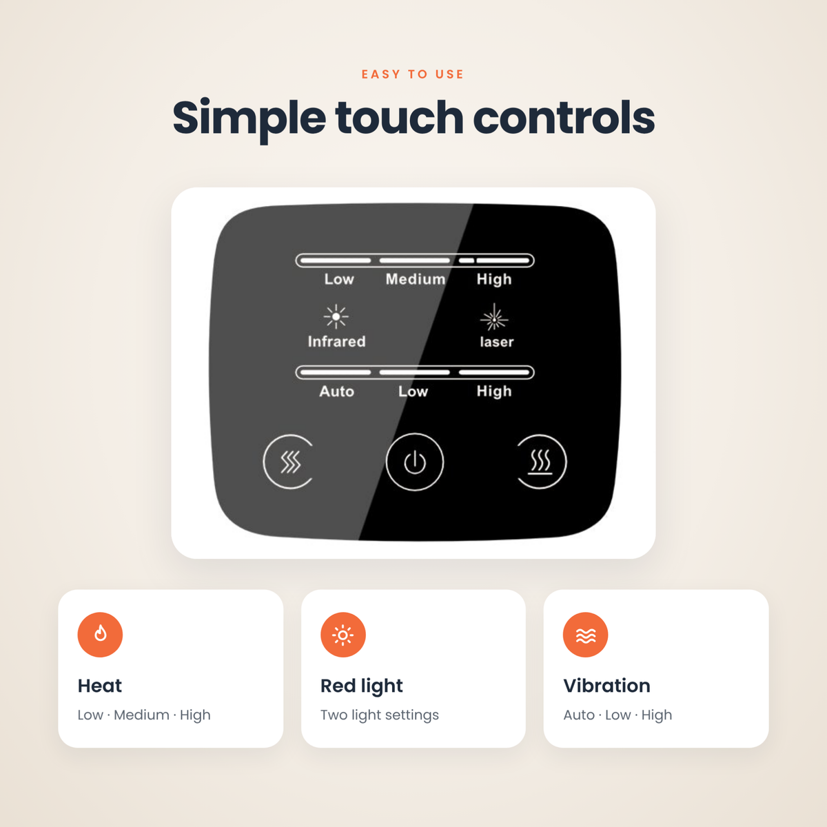 Kneetique touch control panel for heat, red light and vibration