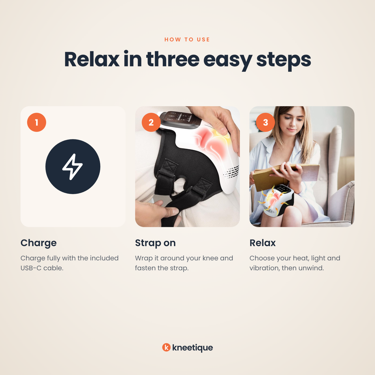 How to use Kneetique: charge, strap on, relax