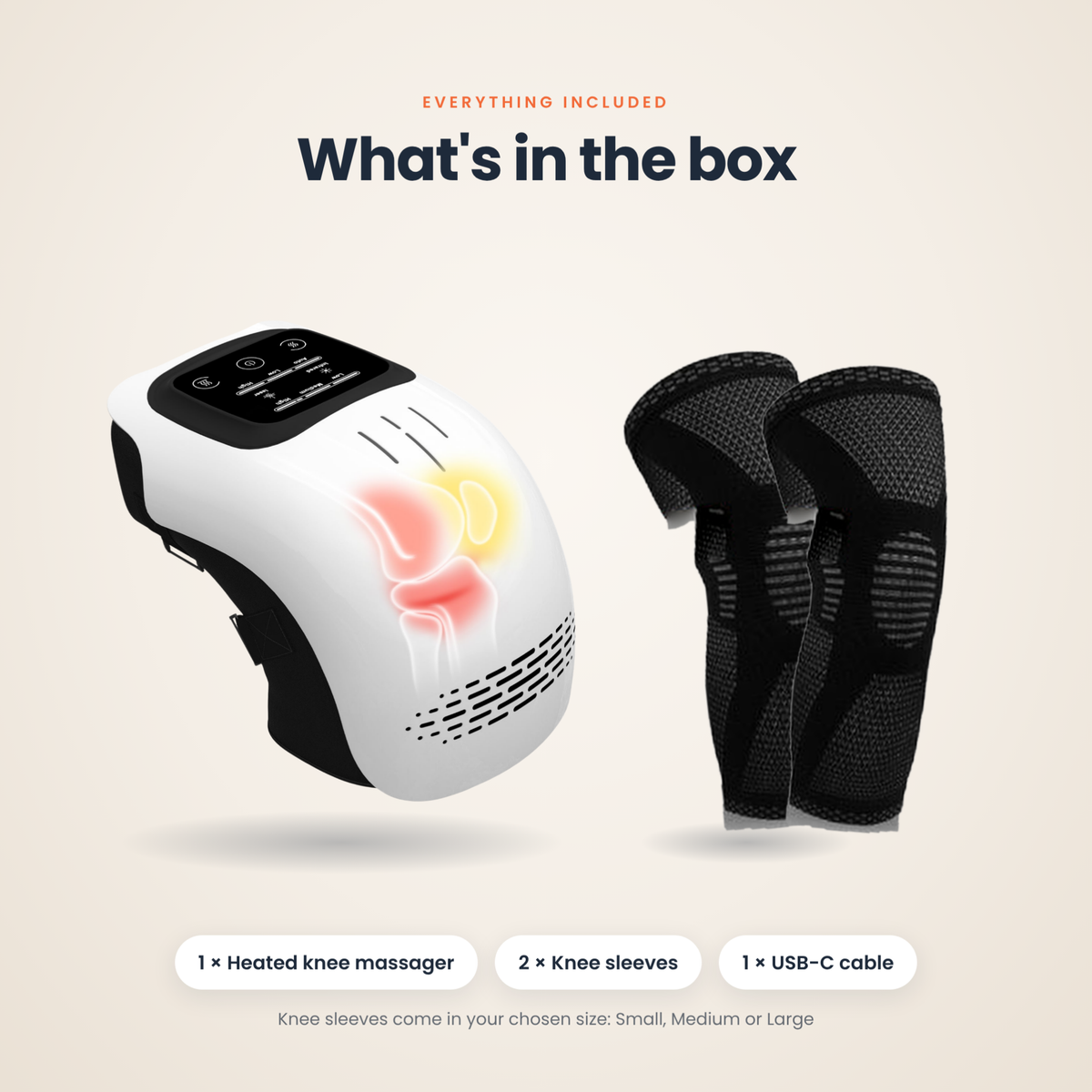 What's in the box: massager, two knee sleeves and USB-C cable
