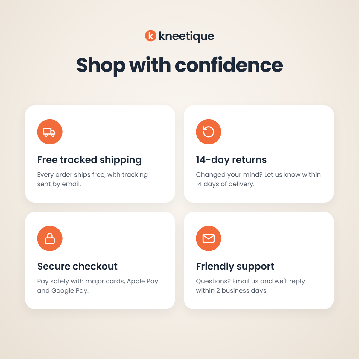 Free tracked shipping, 14-day returns, secure checkout and friendly support